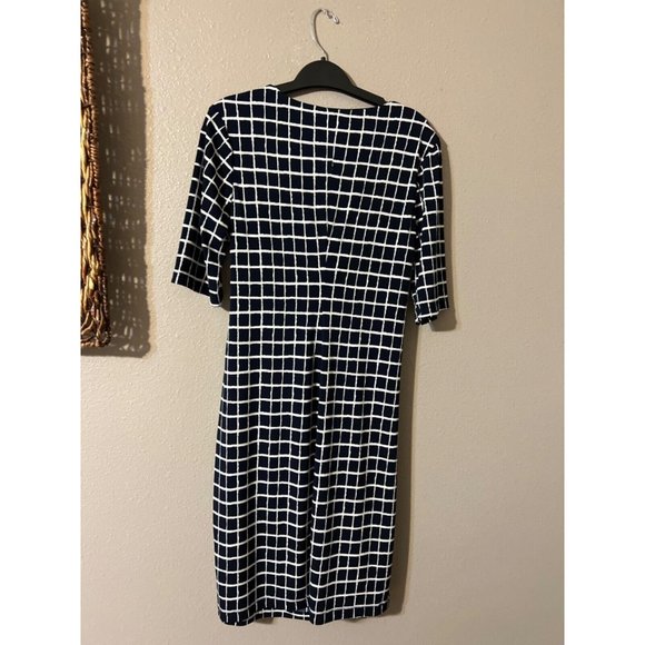 Connected Dress 8 Navy Blue Ivory Check Short Sleeve Stretch Sheath Washable - Picture 6 of 7